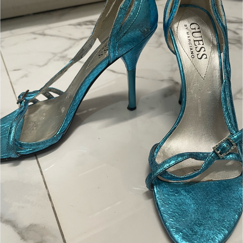GUESS by Marciano light blue metallic buckle kitten heels pumps y2k